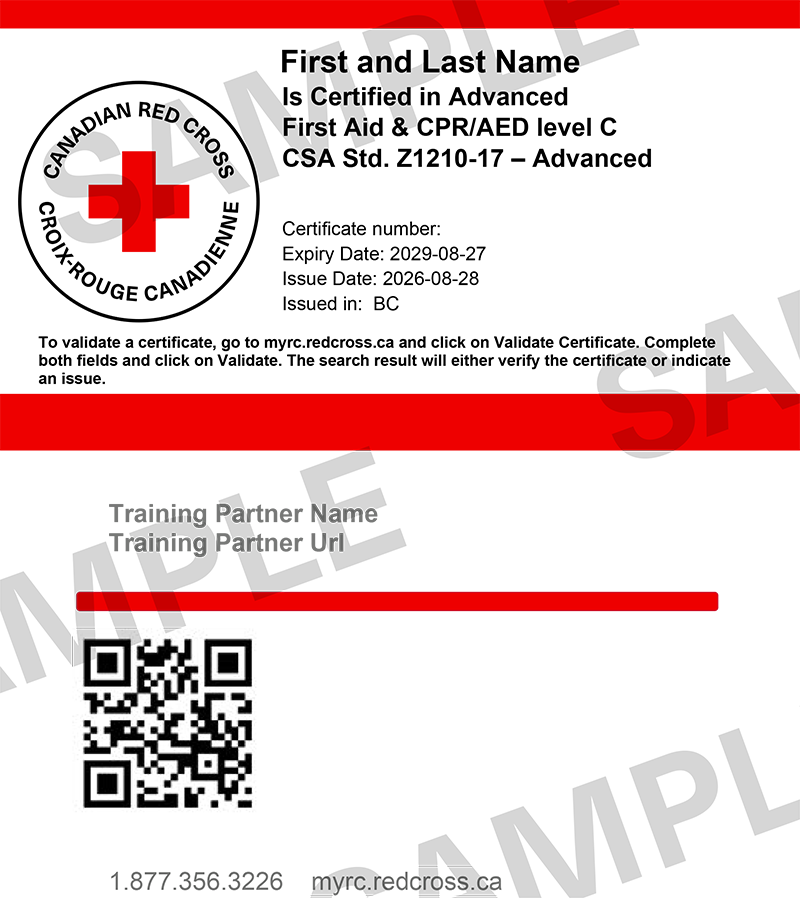 Canadian Red Cross Advanced First Aid certificate