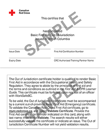 Sample Canadian Red Cross combined Emergency FA/CPR-A (Basic) and Standard FA/CPR-A (Intermediate ) out-of-jurisdiction certificate
