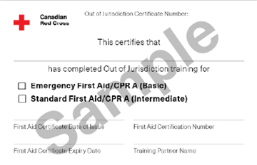Canadian Red Cross Standard First Aid/CPR A (intermediate) out of jurisdiction certificate