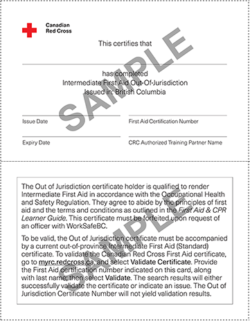 Canadian Red Cross - Standard First Aid/CPR A (intermediate) out of jurisdiction certificate