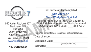 Rescue 7 basic workplace first aid sample certificate