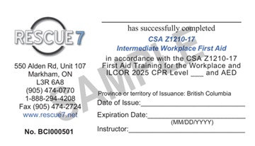 Rescue 7 intermediate workplace first aid sample certificate