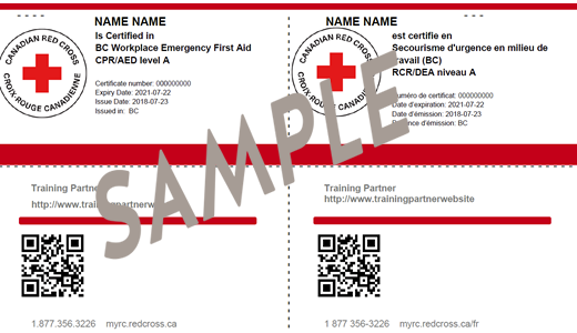 Red Cross BC Workplace Emergency First Aid CPR/AED Level A certificate
