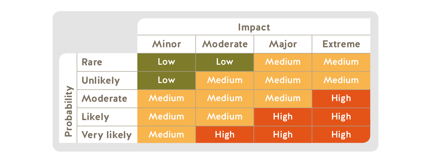 Risk matrix table showing the probability of the risk and the levels of impact
