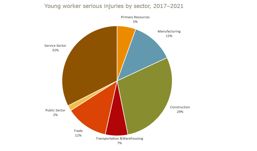 Young worker serious injuries by sector, 2017 to 2021. Primary resources=5%; Manufacturing=13%; Construction=29%; Transportation and warehousing=7%; Trade=12%; Public sector=2%; Service sector=32%