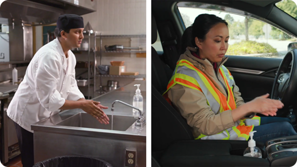 Composite photograph of two workers, one washing and the other sanitizing their hands