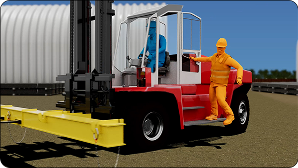Image from slide show animation showing large red forklift with young worker passenger in orange and operator in blue