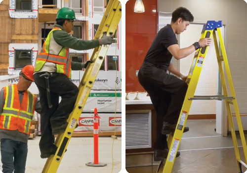Side‑by‑side images showing ladder use in different environments: on the left, two workers in high‑visibility safety vests and hard hats climbing a yellow extension ladder at an active construction site with cones and building materials; on the right, a person climbing a yellow step ladder indoors in a finished commercial space with tiled walls and countertops.