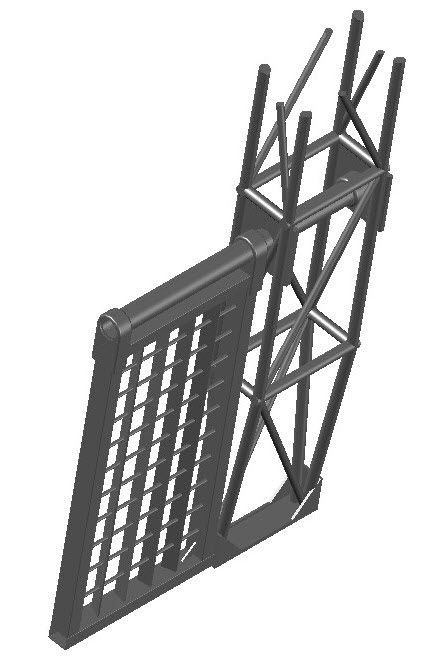 Drawing of boom mounted heavy duty backstop for operator cabs of cable log loaders and log yarders