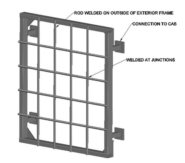 Drawing of a typical heavy-duty guard for windows in mobile equipment