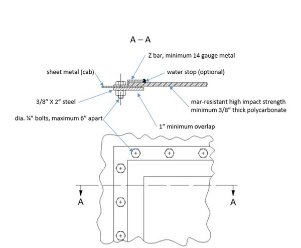Drawing of mounting detail for light duty polycarbonate guard for windows in mobile equipment