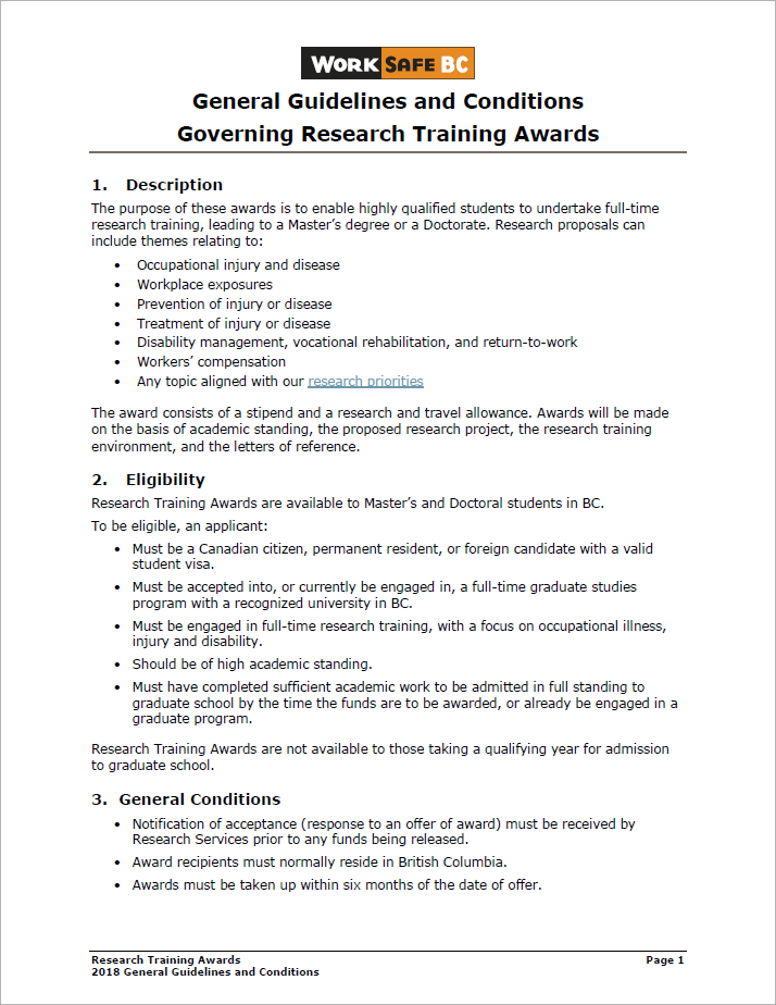 worksafebc research training award