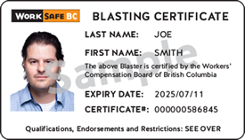 Front of WorkSafeBC blasting certification card sample