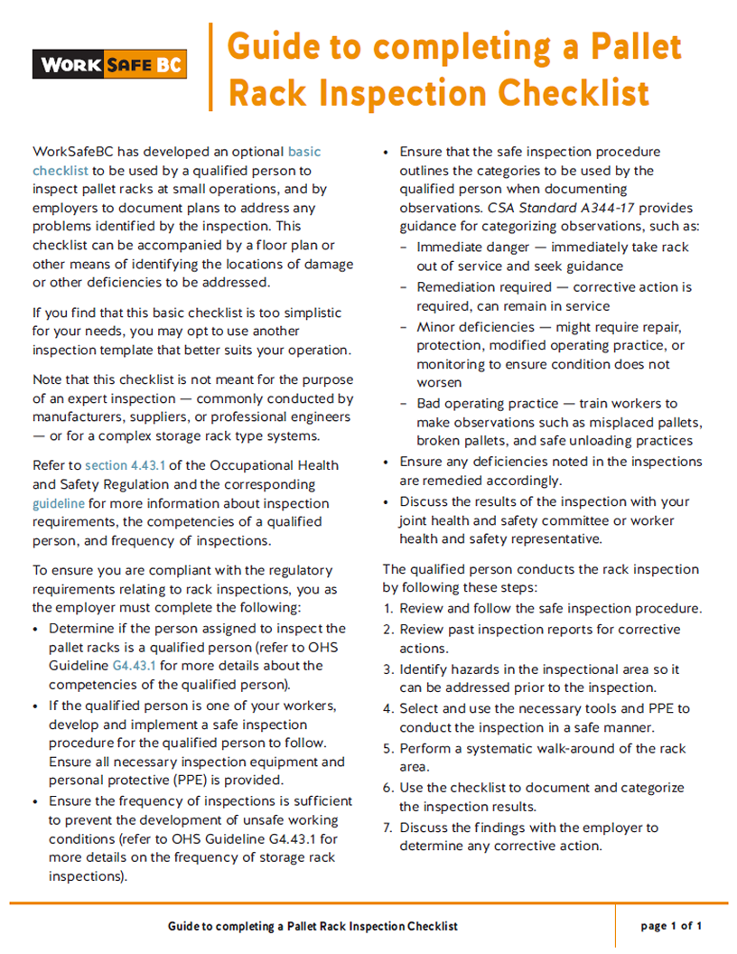 Storage racks WorkSafeBC